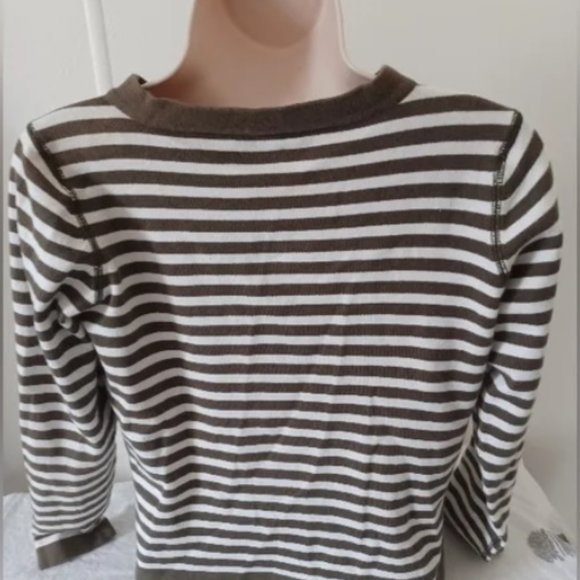 Mel & Lisa Asymmetrical Green Cream Stripes Cotton Sweater Diagonal Buttons V SM - Picture 8 of 9